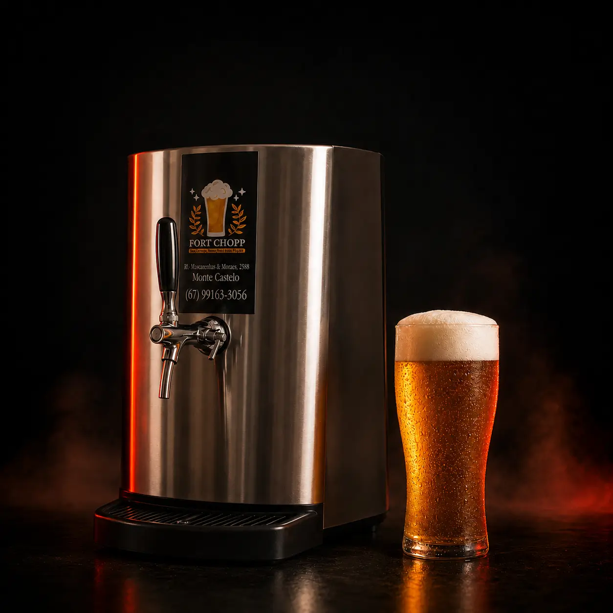 Barril metálico, torneira e copo de chopp gelado com espuma